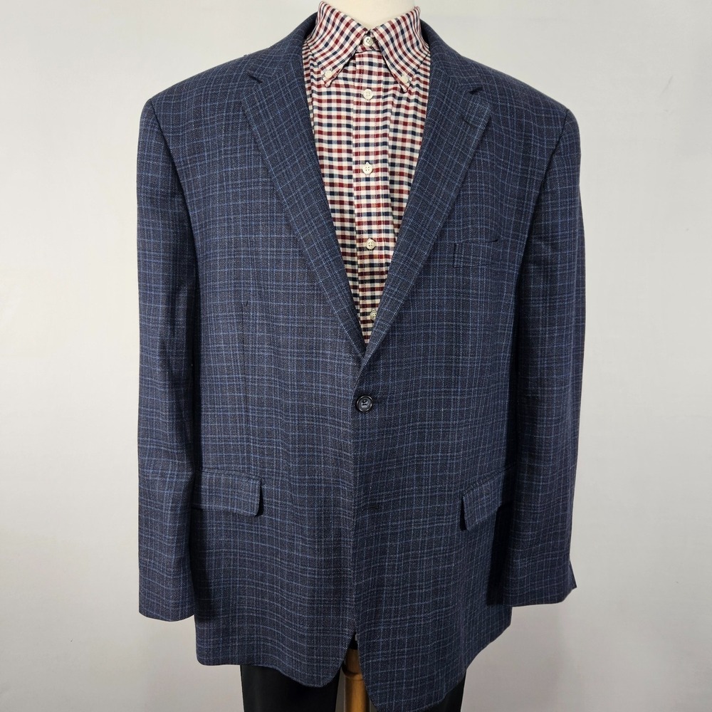 R Oak Hill Men's Sport Coat Blazer‎ Two Button Navy Plaid Silk Wool Size 50R/52R